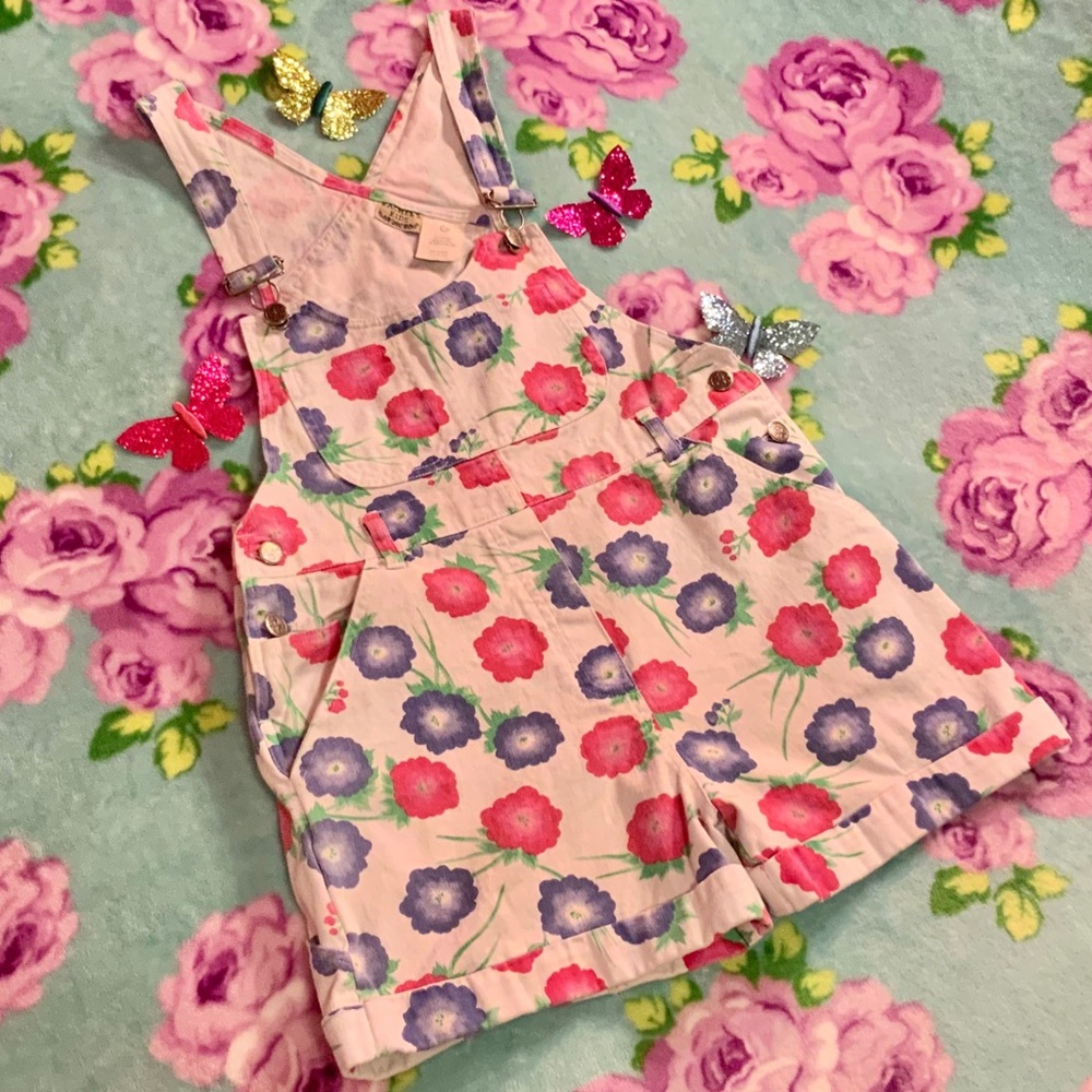 Vtg 90’s White Denim Overalls Pink Purple Flowers - Picture 8 of 9